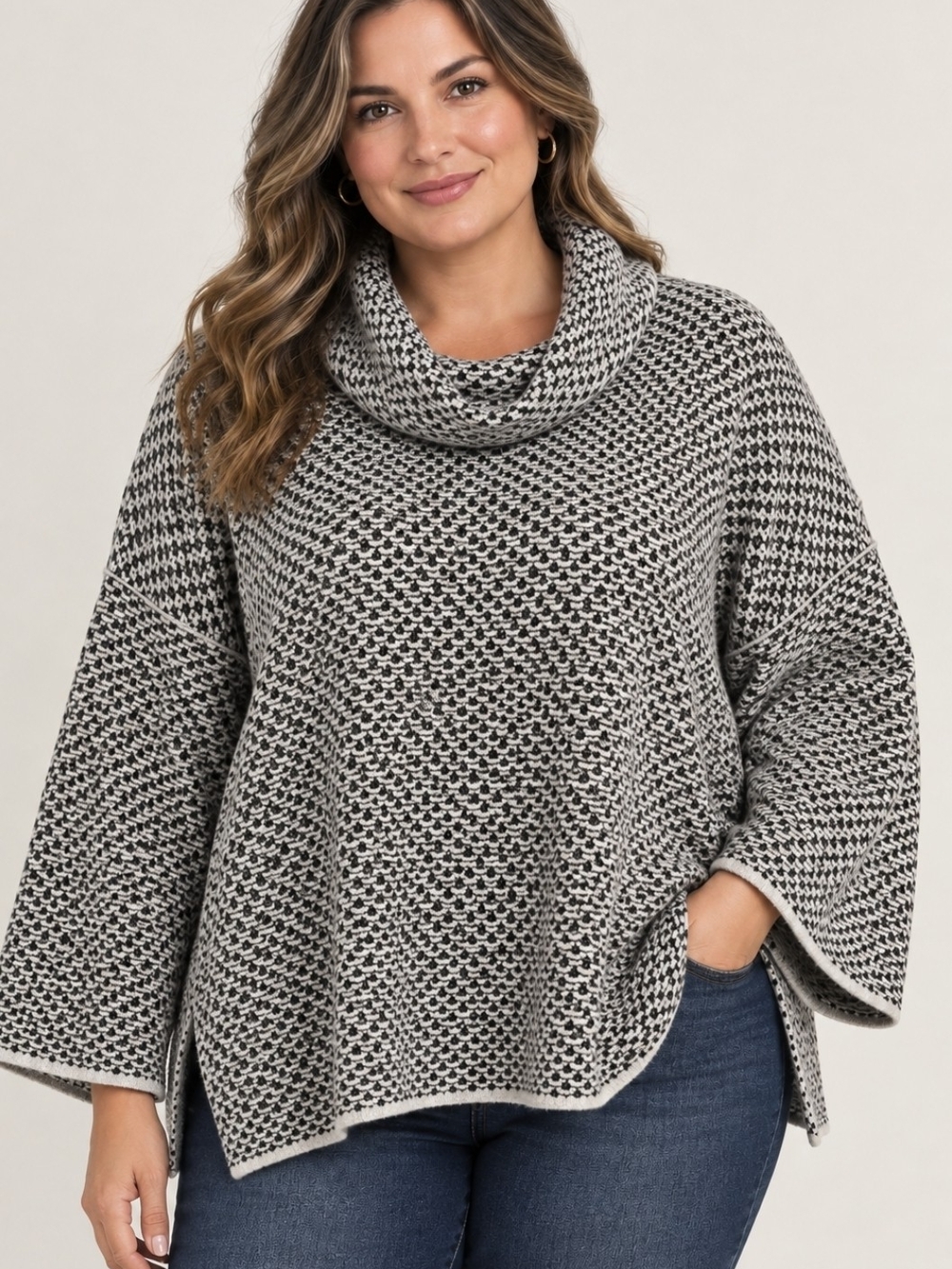 Textured Knit Cowl Neck Poncho Sweater Sz. 1X